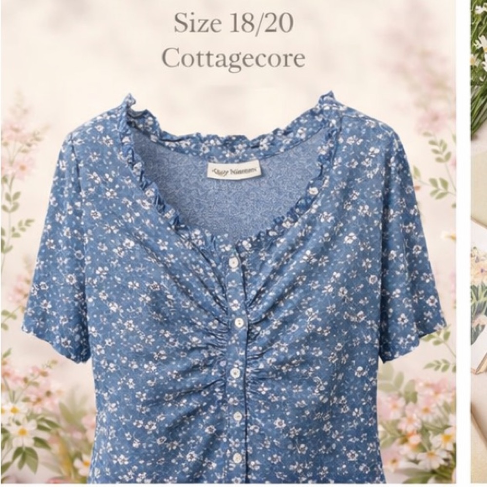 Quizz Woman Blue Floral Embroidered Blouse – Ruffle Neck Button Cottagecore